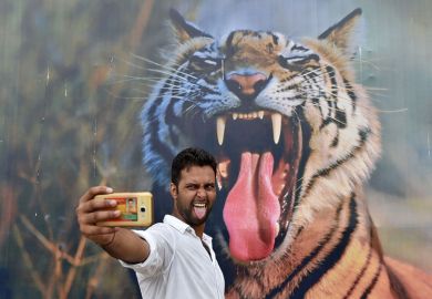 A man poses for a selfie with a tiger A man poses for a selfie with a tiger