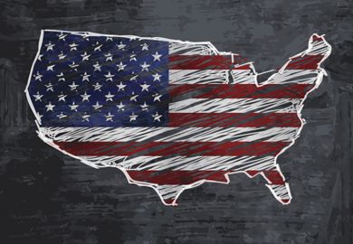 Outline map of the United States with US flag in the centre