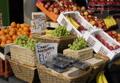 A fruit market with prices marked A fruit market with prices marked