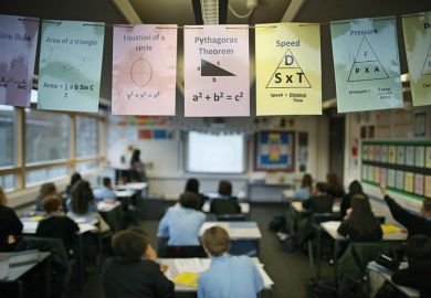 Signs about maths hanging up in a classroom