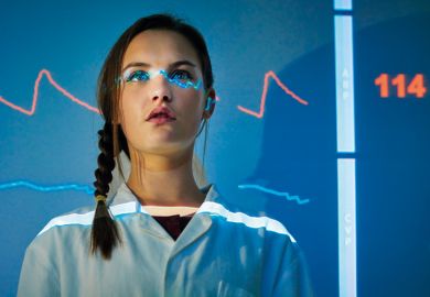 Medical science student with ECG monitor reading projected on body