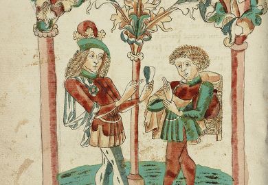 Josaphat speaking to the merchant Barlaam about the precious gem in Barlaam and Josaphat by Rudolf von Ems, follower of Hans Schilling (artist), Hagenau, Alsace, France (formerly Germany), 1469.