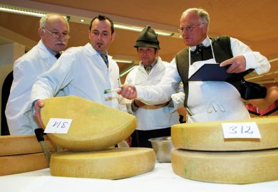 Men inspecting cheeses