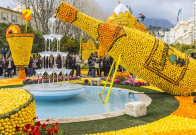 Menton, France - February 18, 2012 the Lemon Festival (Fête du Citron) is an occasion for creating sculptures made of lemons and oranges, that are exhibited in a public space. The Lemon Festival 2012 was dedicated to famous places and monuments of France.