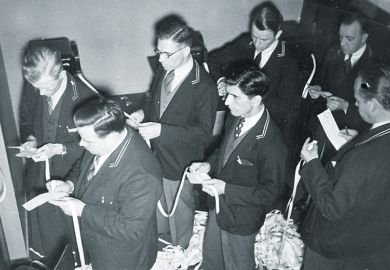 A group of men with ticker tape