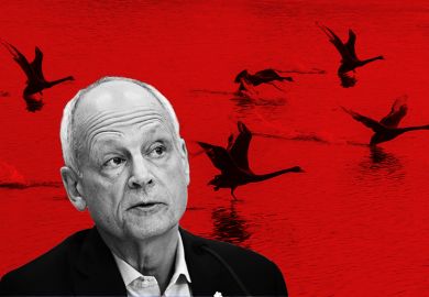 Montage of Meric Gertler, outgoing president of the University of Toronto, with black swans taking off in the background. Illustrating his belief that university leaders must brace for more “black swan events”.