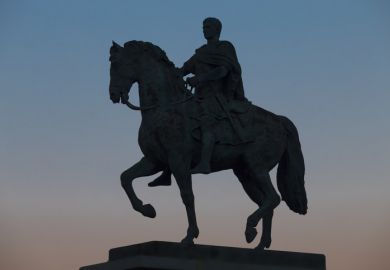 Merida, Spain - February 1st, 2018 Equestrian sculpture made by Eduardo Zancada, depicting the Emperor Augustus, founder of Emerita Augusta colony