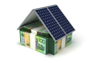 A house made of Australian $100 bills, with solar panels on the roof, symbolising greener business schools