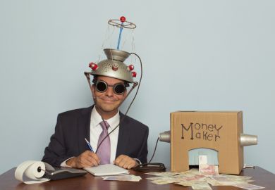 A suited figure with a money making machine, illustrating politician's focus on the commercial value of research