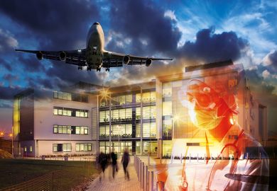Montage of a college building, aeroplane and scientist as an illustration of the carbon footprint of universities Montage of a college building, aeroplane and scientist as an illustration of the carbon footprint of universities