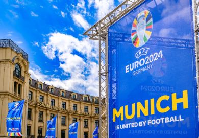 Munich, Germany - June 5 banner for the uefa european football match in munich at the old town of munich on June 5, 2024