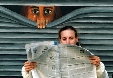 Mural peering at person reading newspaper