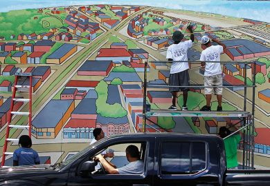 ‘Bird’s Eye View of Allston Village’ is a mural in Cambridge, Mass ‘Bird’s Eye View of Allston Village’ is on the side of a building in Cambridge, Mass