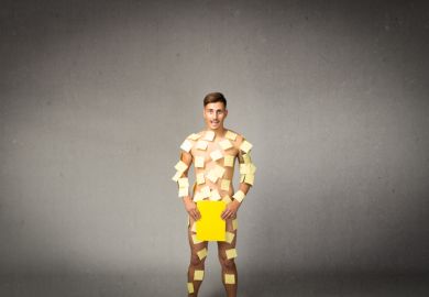 A naked man covered in post-it notes A naked man covered in post-it notes, symbolising public speaking