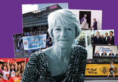 Nancy Rothwell with images behind her including the University of Manchester campus, her portrait, George Osborne, Xi Jinping, Sheik Mansour banner and Chinese students