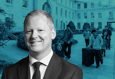 Shadow skills minister Neil O'Brien, with background showing international students with suitcases.