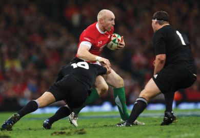 New Zealand All Black's tackle New Zealand All Black's tackle