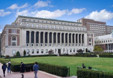 New York City, USA - November 15, 2021 The center of the campus of Columbia University in Manhattan, looking south towards the Butler Library Building.