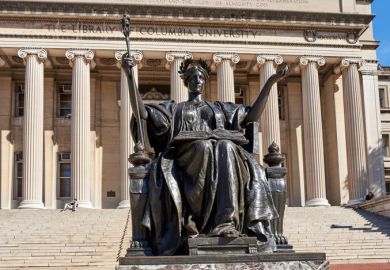 New York, NY - October 15, 2020 Alma Mater is a bronze sculpture by Daniel Chester French which is located on the steps leading to the Low Library on campus of Columbia University in Manhattan, New York City
