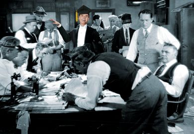 Vintage newsroom with academic in the centre Vintage newsroom with academic in the centre symbolising conflict between editors and academics