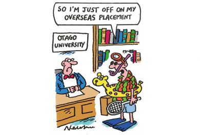 Cartoon of a student in snorkel with floatation ring and tennis racket saying: “So I’m just off on my overseas placement” Cartoon of a student in snorkel with floatation ring and tennis racket saying: “So I’m just off on my overseas placement”