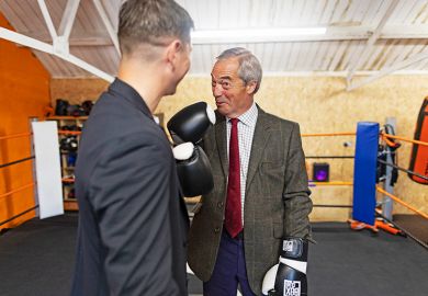 Leader of the Reform Party Nigel Farage poses for a picture with Mayoral Candidate Luke Campbell in the Boxclub Boxing Centre on 25 April, 2025 in Hull, England. To illustrate that vice-chancellors are warned against ignoring rise of populist party