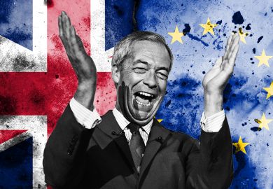 Montage of a gleeful Nigel Farage and a background of the Union Jack and EU flag, to illustrate the 5 year anniversary of Brexit.