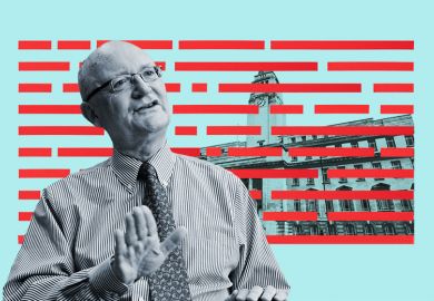 Nigel Thrift with a university building covered in red tape in the background, illustrating how universities’ independence has been constrained by government, regulators, and management.