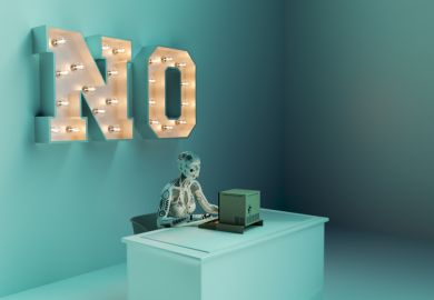 A robot working on a computer with "no" in big letters on the wall, illustrating the rejection of AI