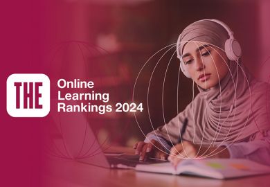 Online Learning Rankings 2024. Woman in headscarf having online lesson on laptop at cafe.