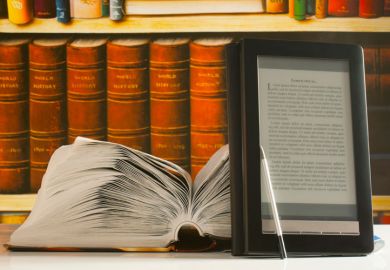 Open book, bookshelf and e-book reader