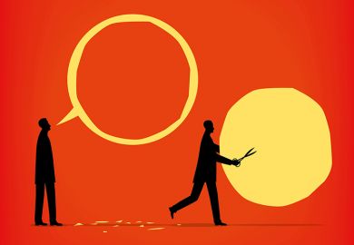 Illustration of person cutting content out of speech bubble Illustration of person cutting content from speech bubble, representing demise of critical comments in journals