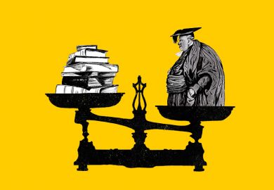 Illustration of an overweight academic on scales, weighed against a pile of books. As an illustration of measuring researchers’ output mass against their body mass, an academic BMI.