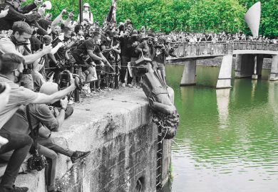 The statue of Edward Colston is pushed into the river Avon The statue of Edward Colston is pushed into the river Avon