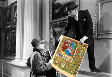 Montage of a scene from the film 'Good Morning Boys' Mark Daly removing the medieval manuscript  Montage of a scene from the film 'Good Morning Boys' Mark Daly removing the medieval manuscript to illustrate the Plagiarism accusations