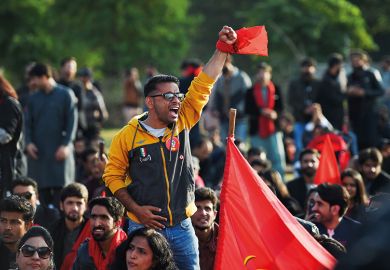 Students shout slogans during a demonstration demanding for reinstatement of student unions, education fee cuts and better education facilities, in Islamabad, Pakistan on November 29, 2019