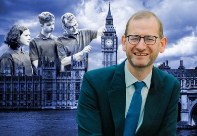 Paul Kett, vice-chancellor of London South Bank University, with Houses of Parliament and teenagers learning skills in the background.