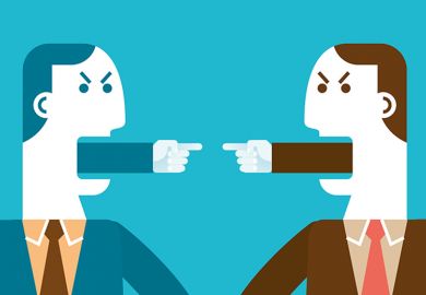 People arguing with tongues replaced with fingers pointing at each other. To illustrate that grievances are on the rise in UK universities.