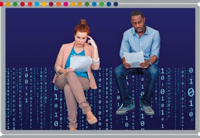 People sitting on binary code reading papers, illustrating how large language models are becoming a powerful complement to human judgement in the validation process for our sustainability-focused rankings