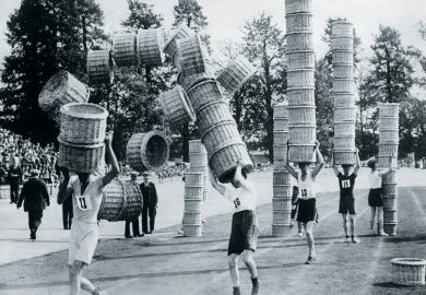 People taking part in basket carrying contest, London