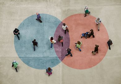 Pedestrians on a concrete floor with a blue and red Venn diagram, shot from above. To illustrate mission groups of universities.