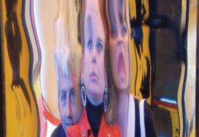 People's faces distorted in hall of mirrors reflection