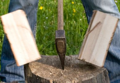 Person chopping wood with axe
