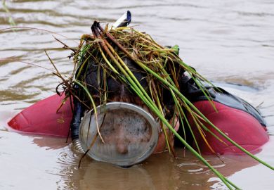Person in scuba gear emerging from bog Person in scuba gear emerging from bog