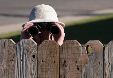 Person looking over fence with binoculars Person looking over fence with binoculars