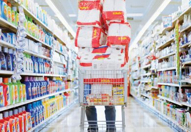 Person pushing overloaded shopping trolley Person pushing overloaded shopping trolley