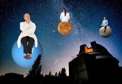 An observatory with academics sitting on planets in the night sky, to illustrate tracking where UK PhD graduates go.