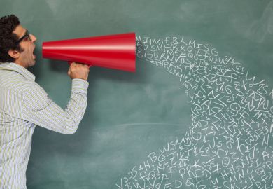 PhD viva/man speaking through megaphone