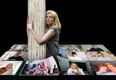 woman hugging pillar