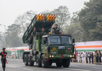 Pinaka multi barrel rocket launcher operators preparing for taking part in the upcoming Indian Republic Day parade at Indira Gandhi Sarani, Kolkata, West Bengal, India on January 2023